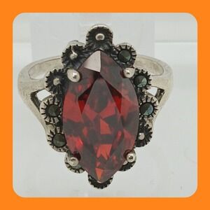 Vintage 90s Sterling Silver 925 Marquise Red CZ Garnet Marcasite Ring Size 9.5